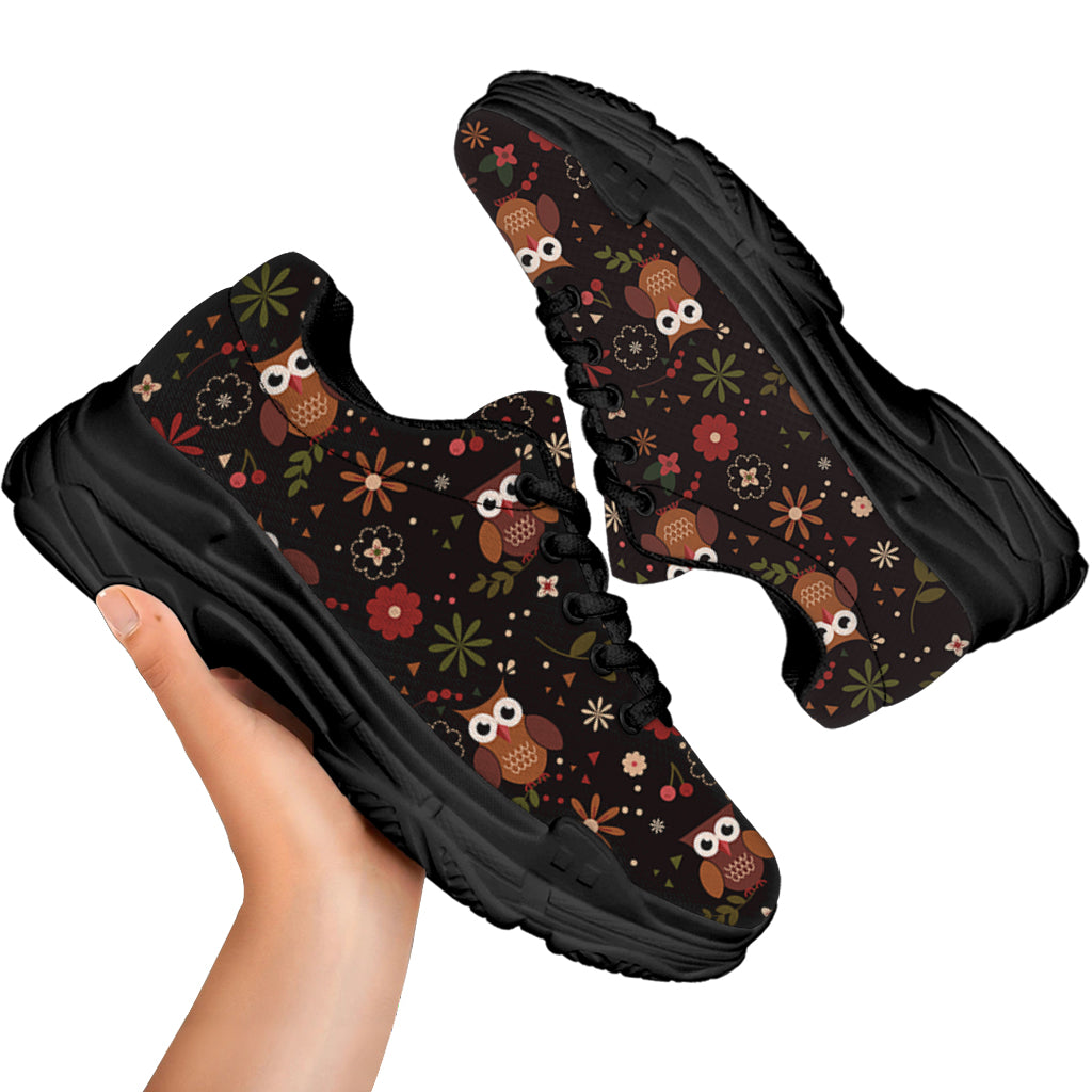 Cute Owl Print Black Chunky Shoes