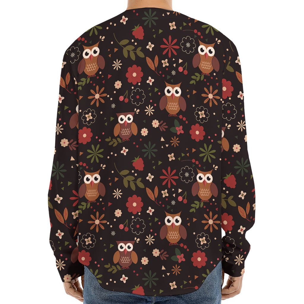 Cute Owl Print Long Sleeve Baseball Jersey