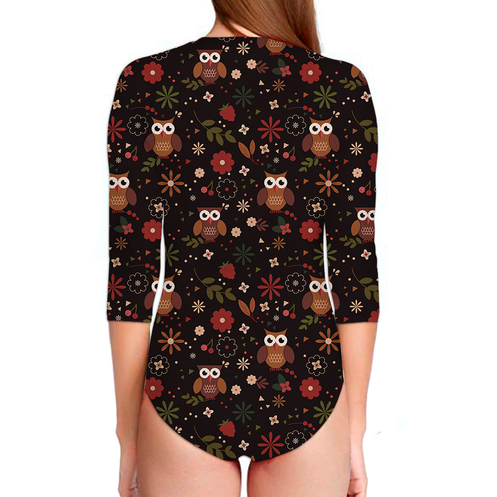 Cute Owl Print Long Sleeve Swimsuit