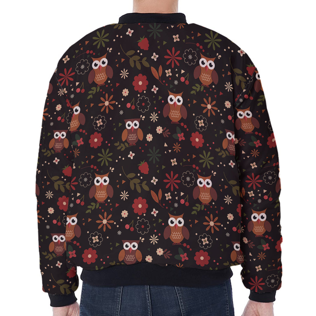 Cute Owl Print Zip Sleeve Bomber Jacket