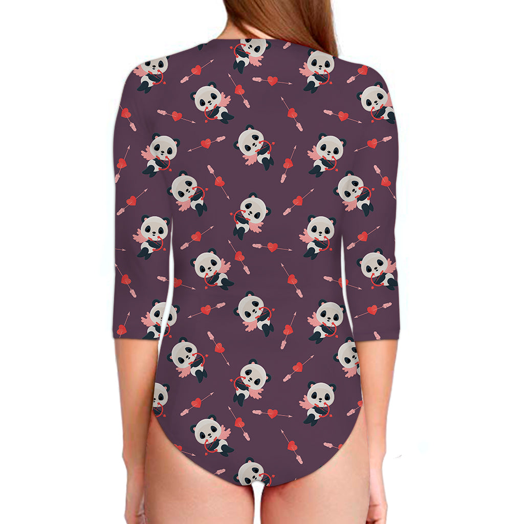 Cute Panda Cupid Valentine Pattern Print Long Sleeve Swimsuit