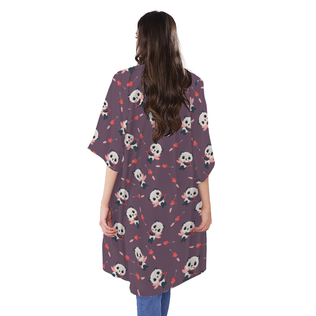 Cute Panda Cupid Valentine Pattern Print Open Front Beach Cover Up