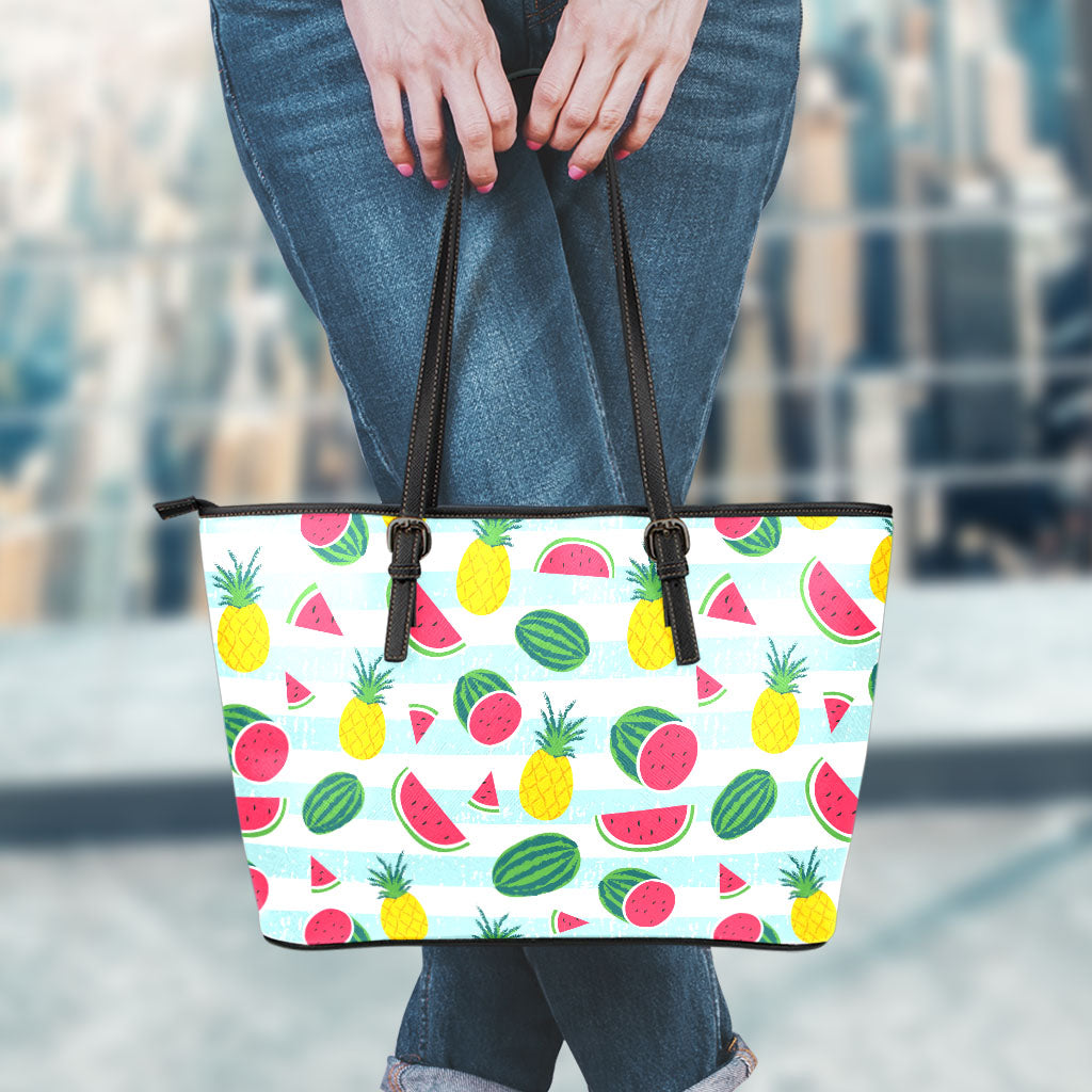 Cute Pineapple Watermelon Pattern Print Leather Tote Bag