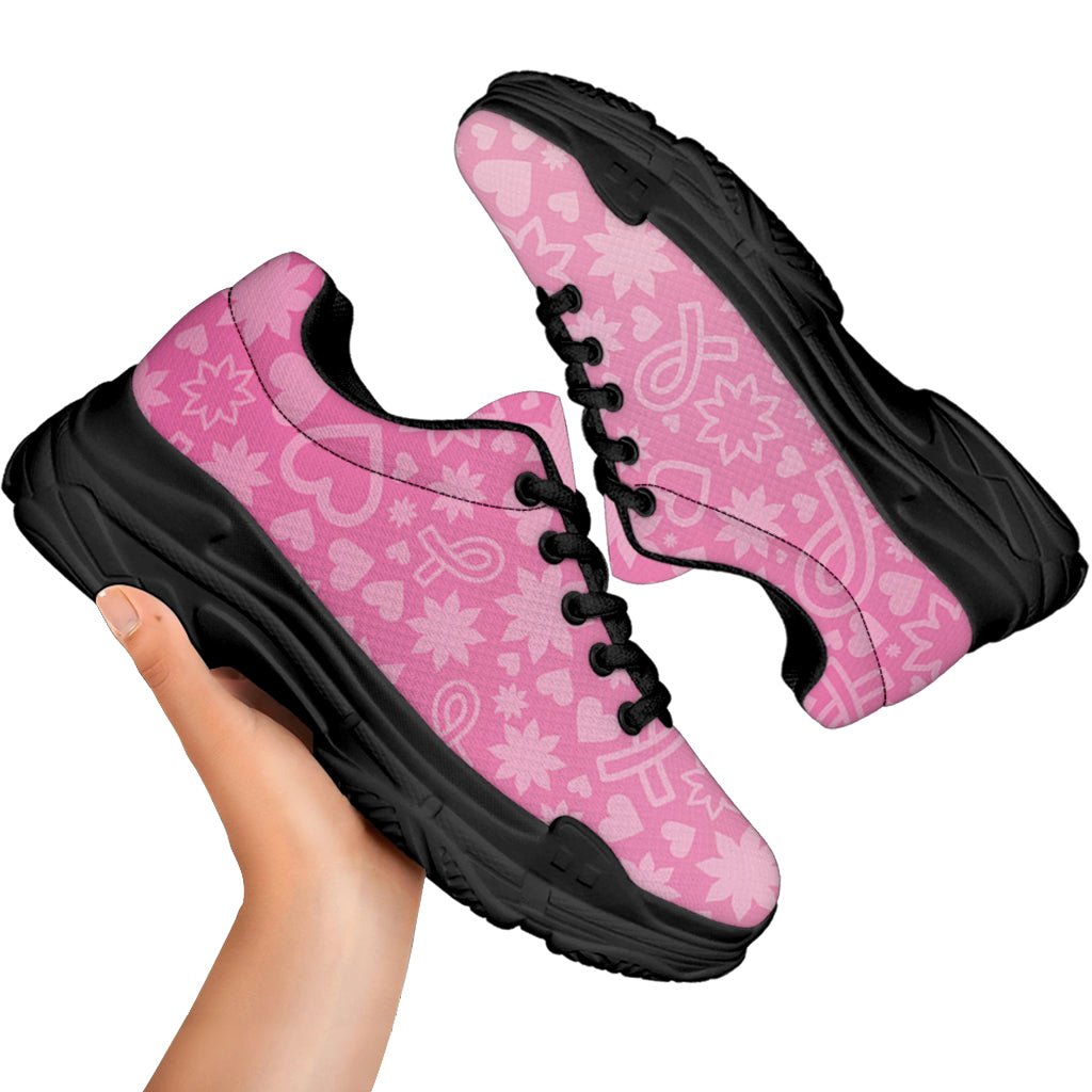 Cute Pink Breast Cancer Pattern Print Black Chunky Shoes