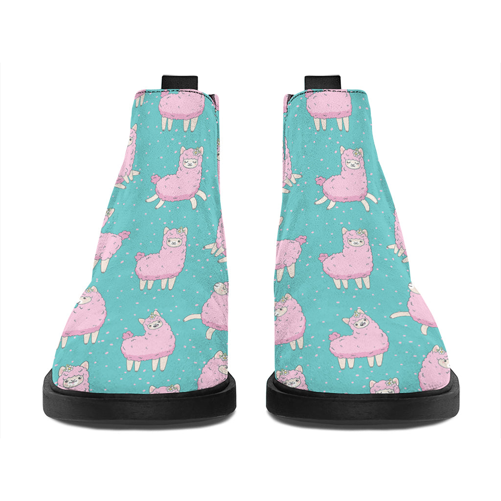 Cute Pink Llama Pattern Print Flat Ankle Boots