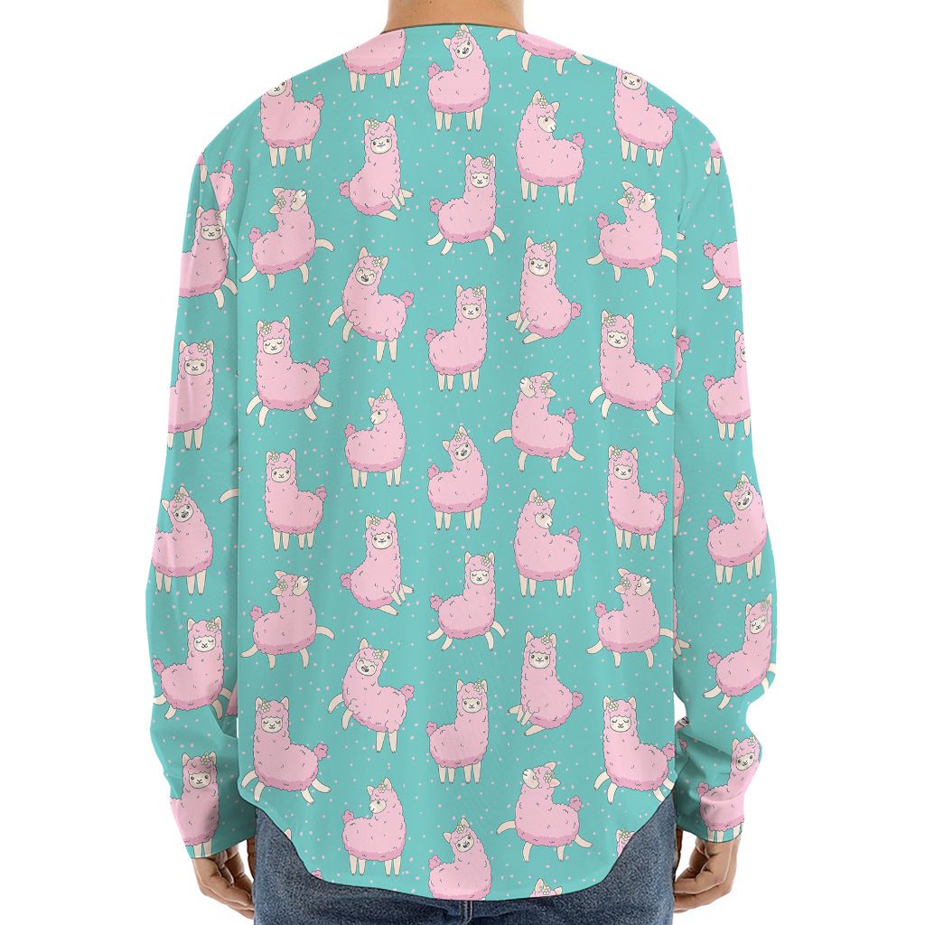 Cute Pink Llama Pattern Print Long Sleeve Baseball Jersey