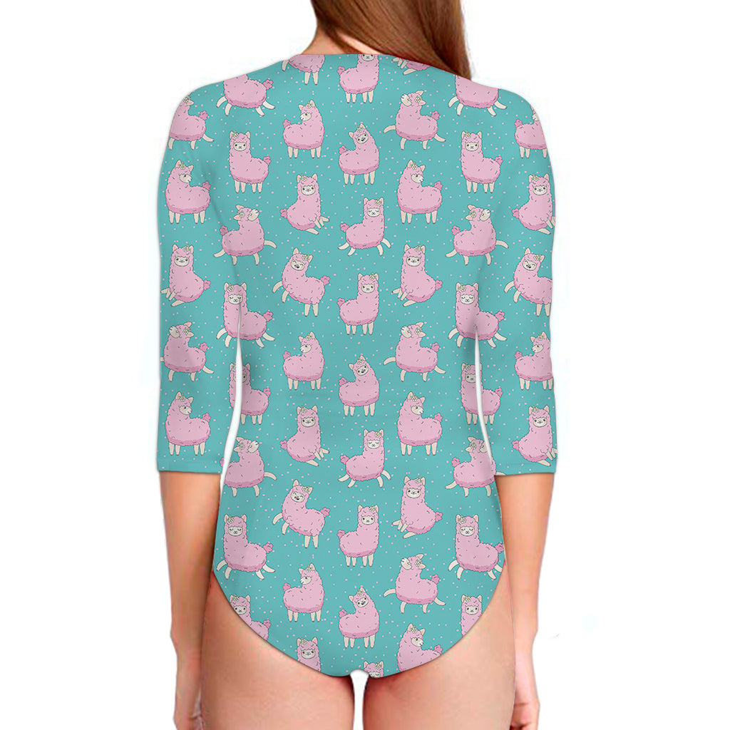 Cute Pink Llama Pattern Print Long Sleeve Swimsuit