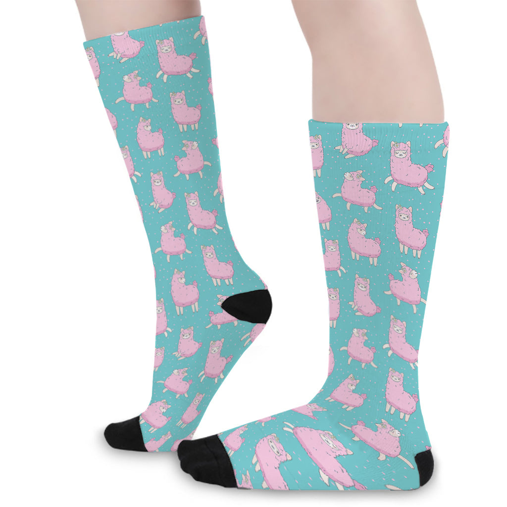 Cute Pink Llama Pattern Print Long Socks