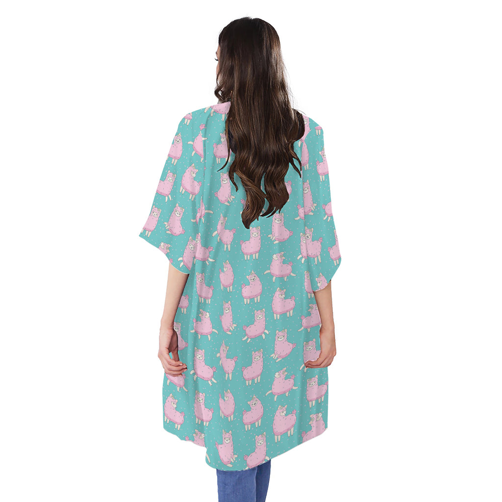Cute Pink Llama Pattern Print Open Front Beach Cover Up