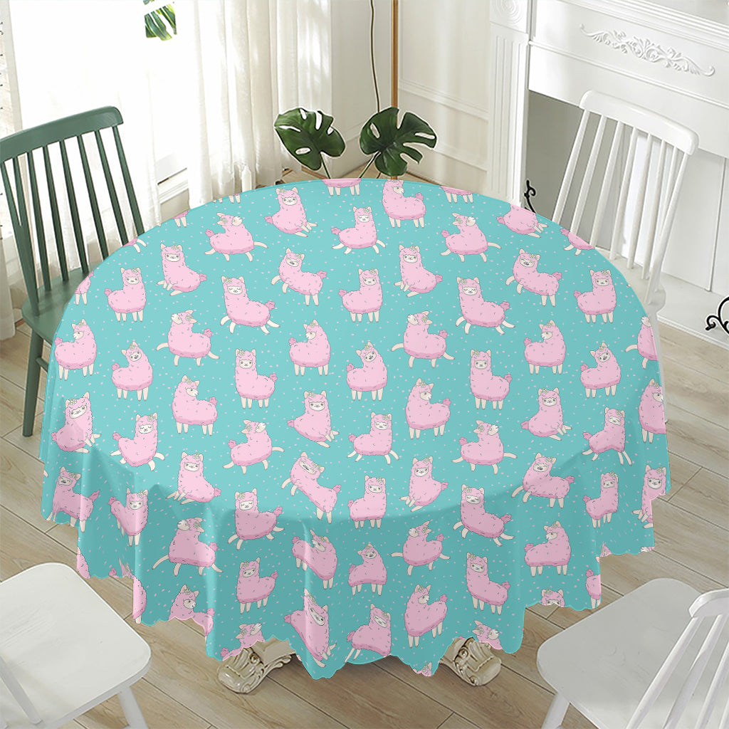 Cute Pink Llama Pattern Print Waterproof Round Tablecloth