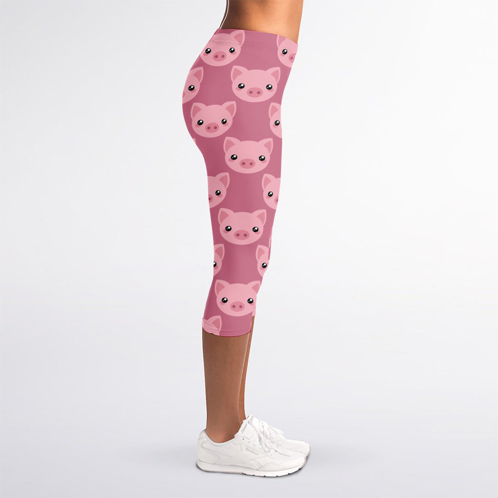 Cute Pink Pig Pattern Print Women's Capri Leggings
