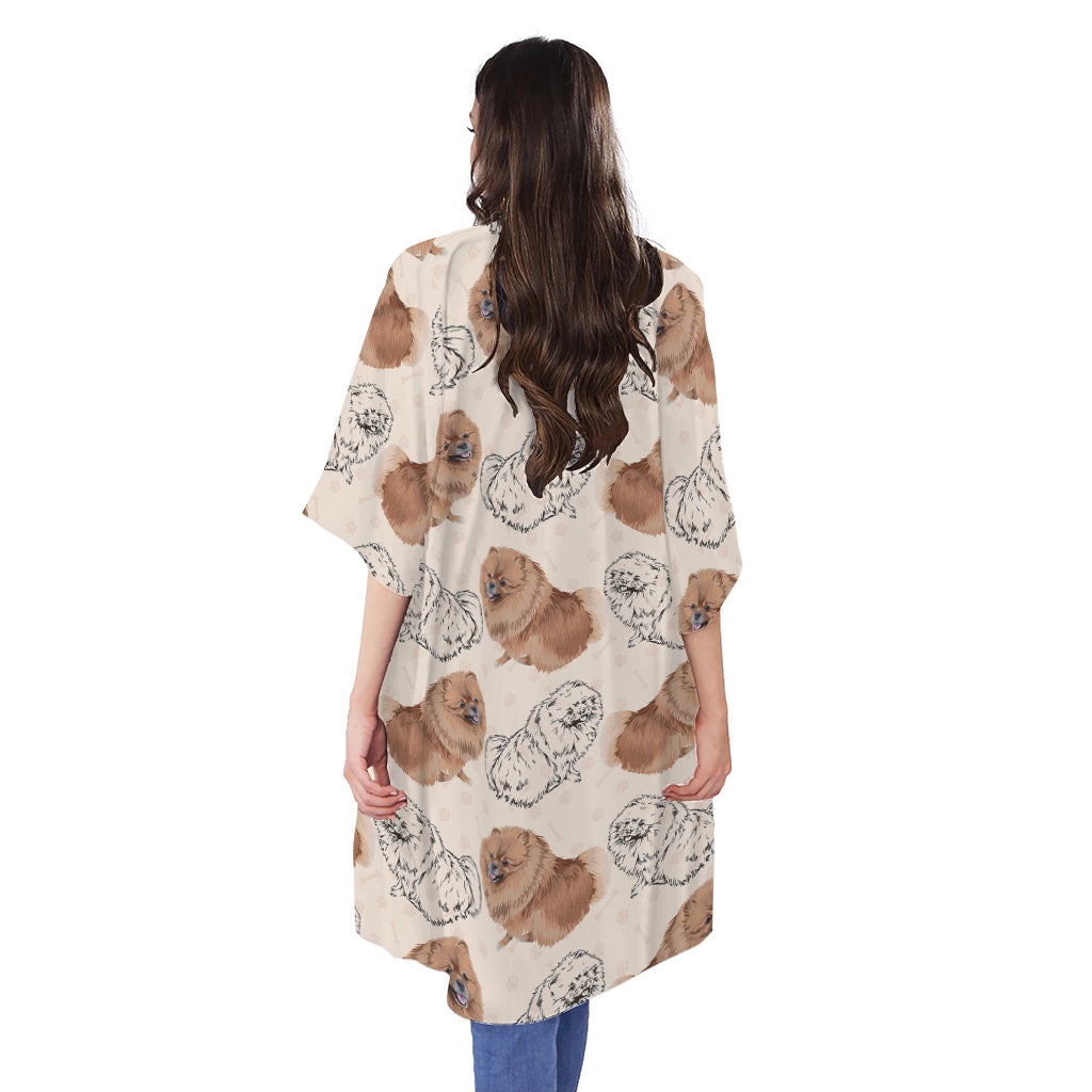 Cute Pomeranian Pattern Print Open Front Beach Cover Up