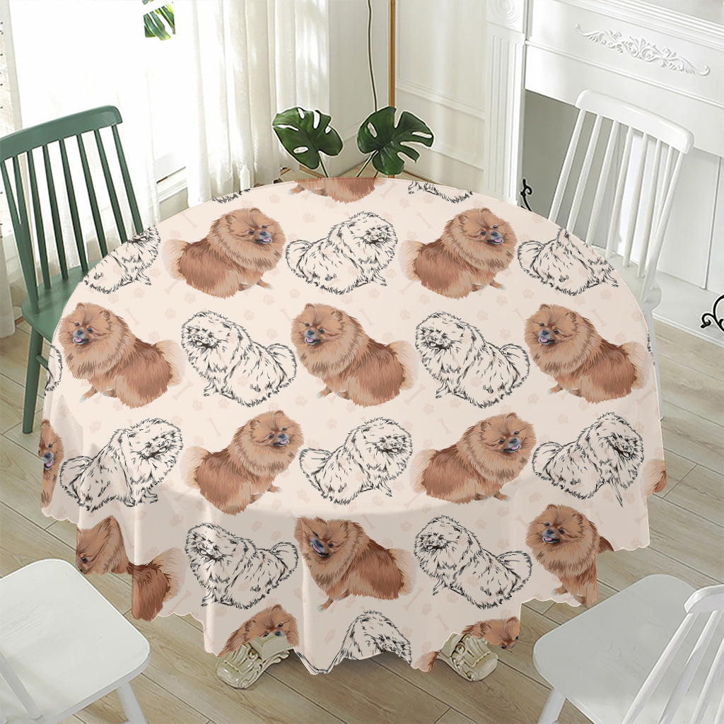 Cute Pomeranian Pattern Print Waterproof Round Tablecloth