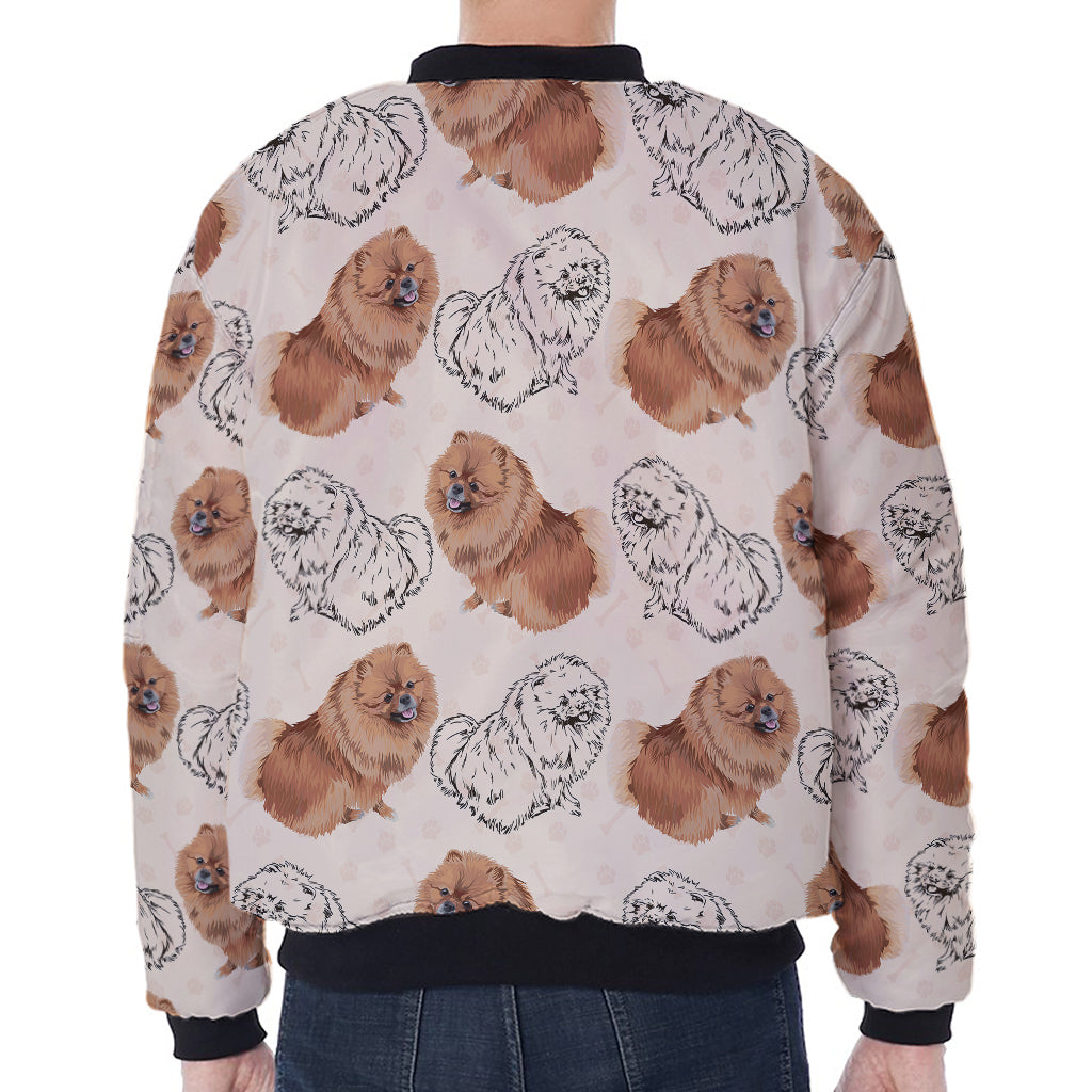 Cute Pomeranian Pattern Print Zip Sleeve Bomber Jacket