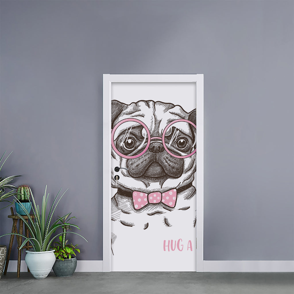 Cute Pug With Glasses Print Door Sticker