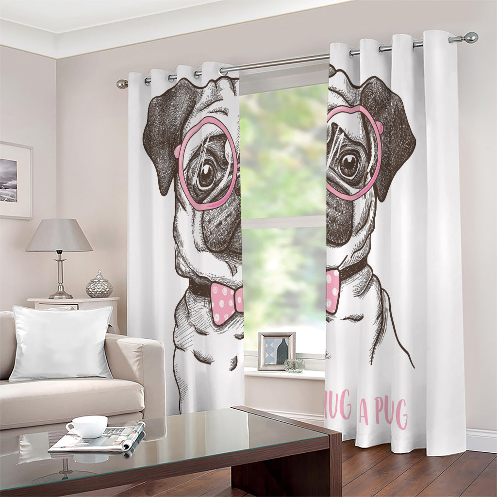 Cute Pug With Glasses Print Extra Wide Grommet Curtains