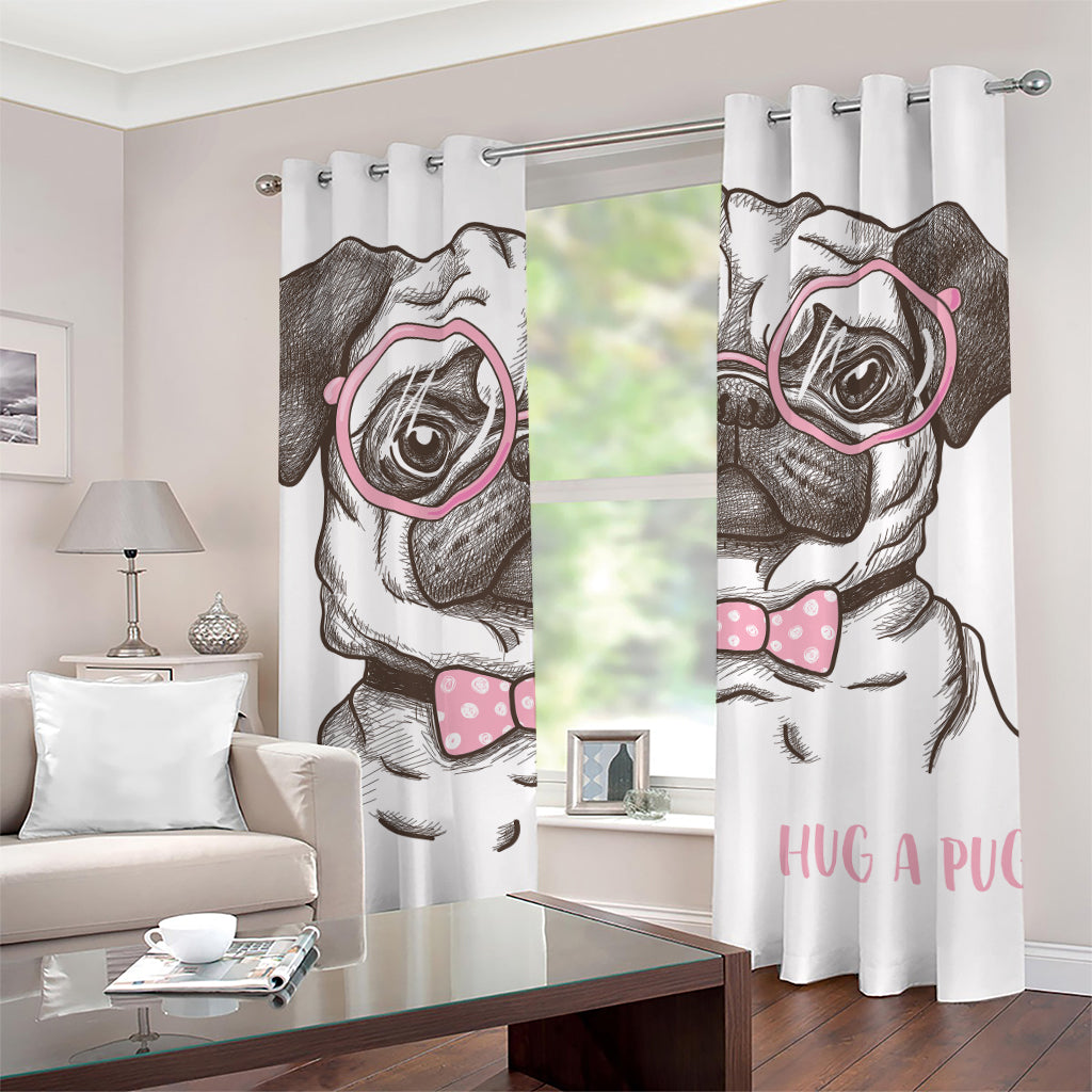 Cute Pug With Glasses Print Grommet Curtains