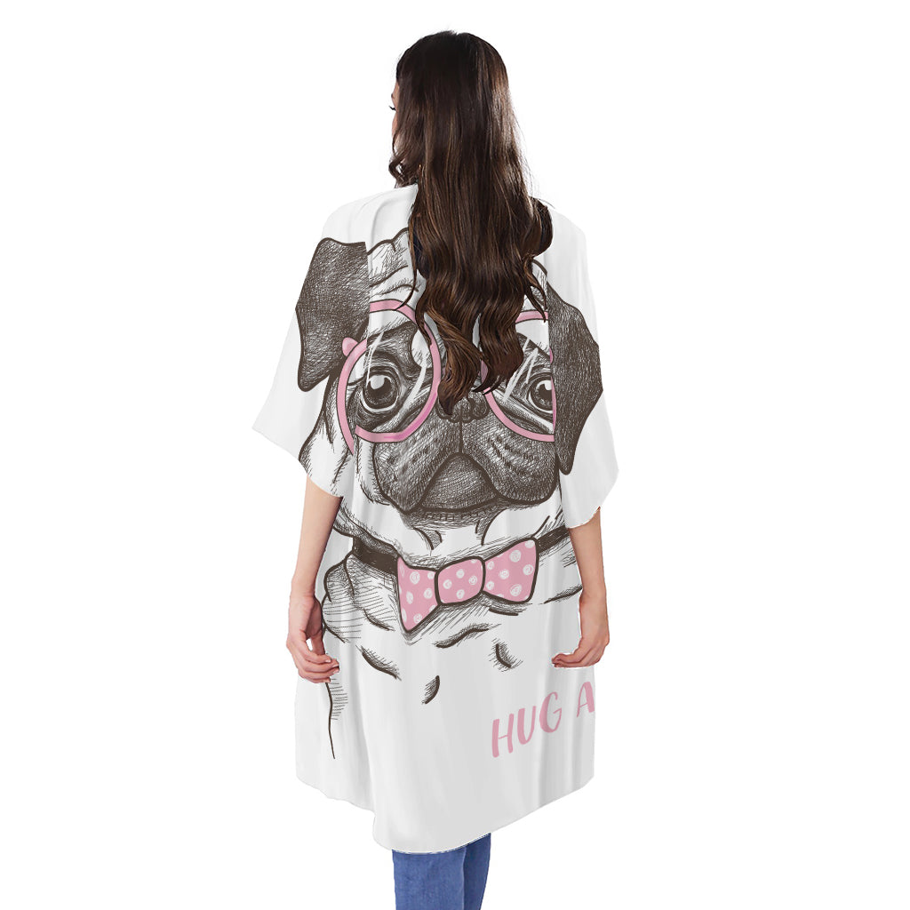 Cute Pug With Glasses Print Open Front Beach Cover Up