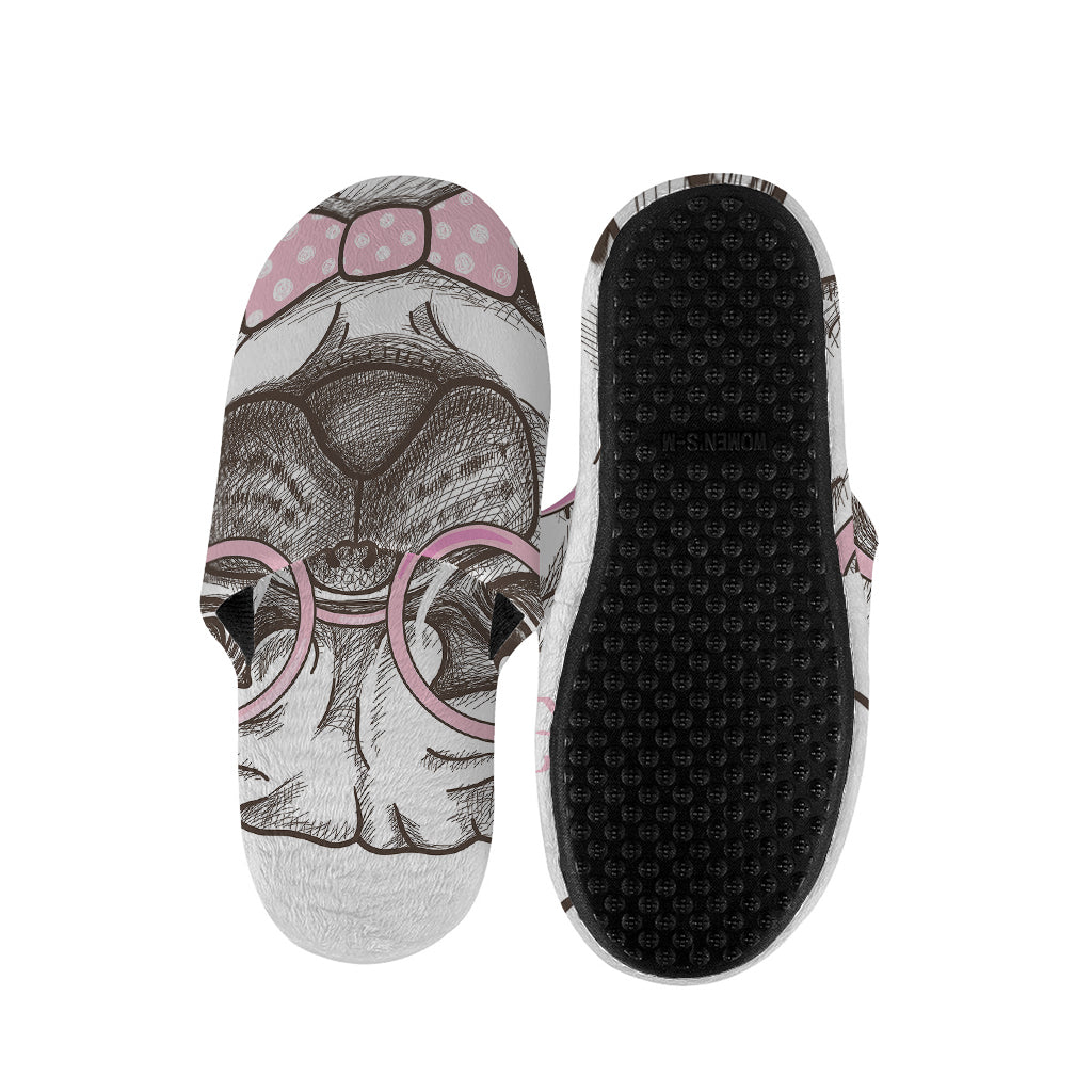 Cute Pug With Glasses Print Slippers