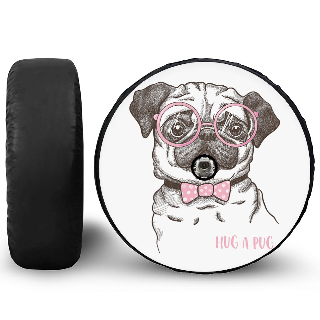 Cute Pug With Glasses Print Tire Cover With Camera Hole