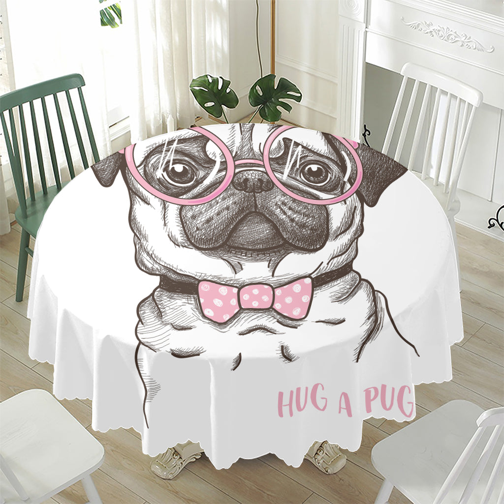 Cute Pug With Glasses Print Waterproof Round Tablecloth