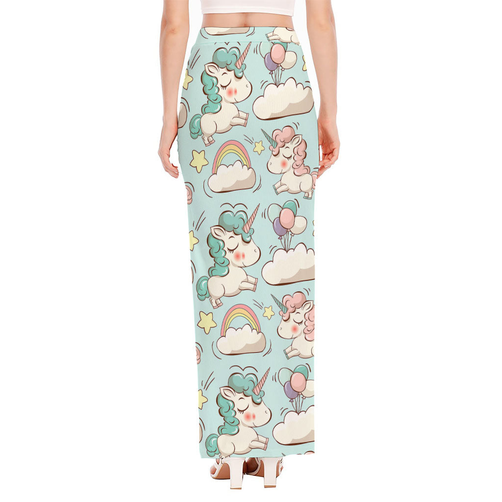 Cute Rainbow Unicorn Pattern Print High Slit Maxi Skirt