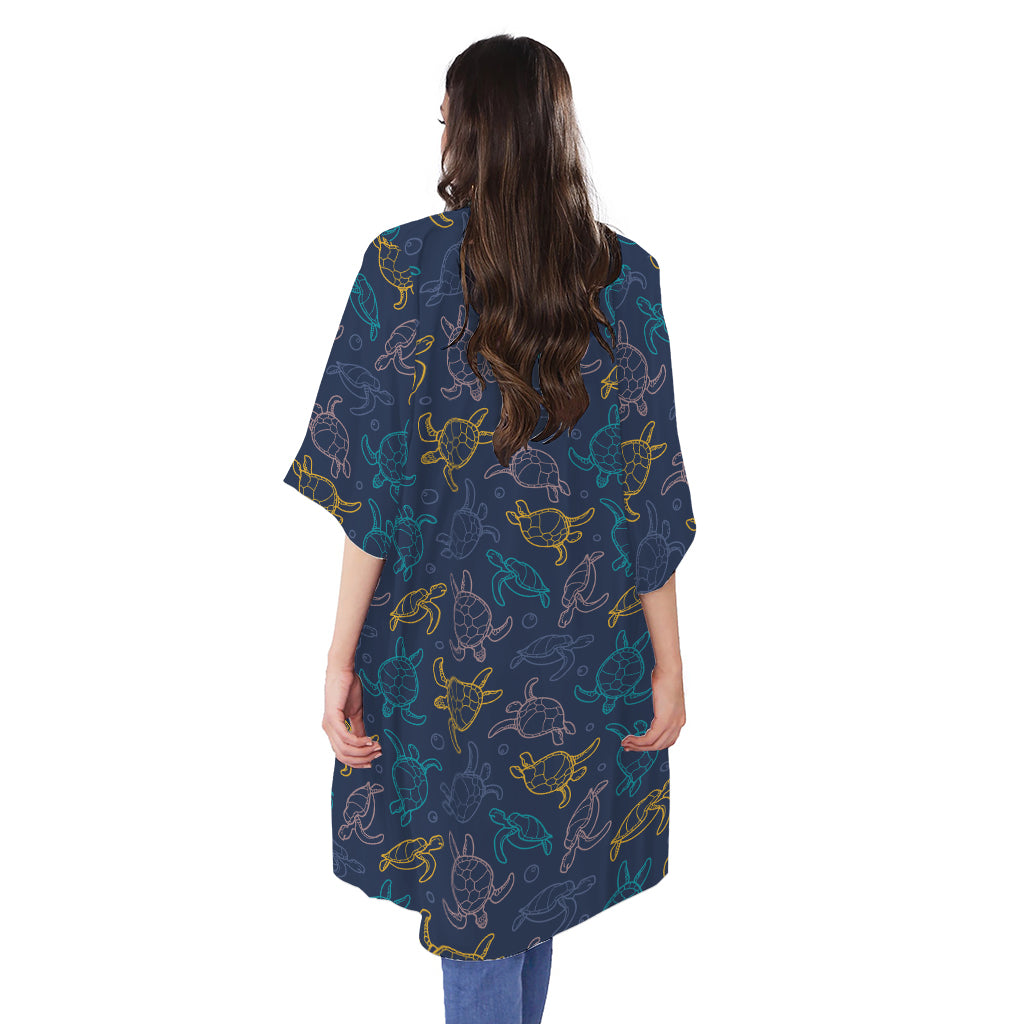 Cute Sea Turtle Pattern Print Open Front Beach Cover Up