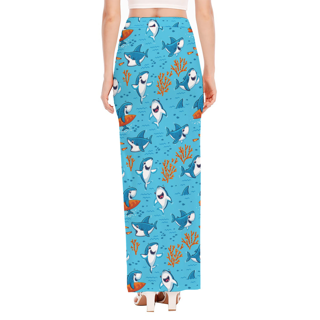 Cute Shark Pattern Print High Slit Maxi Skirt