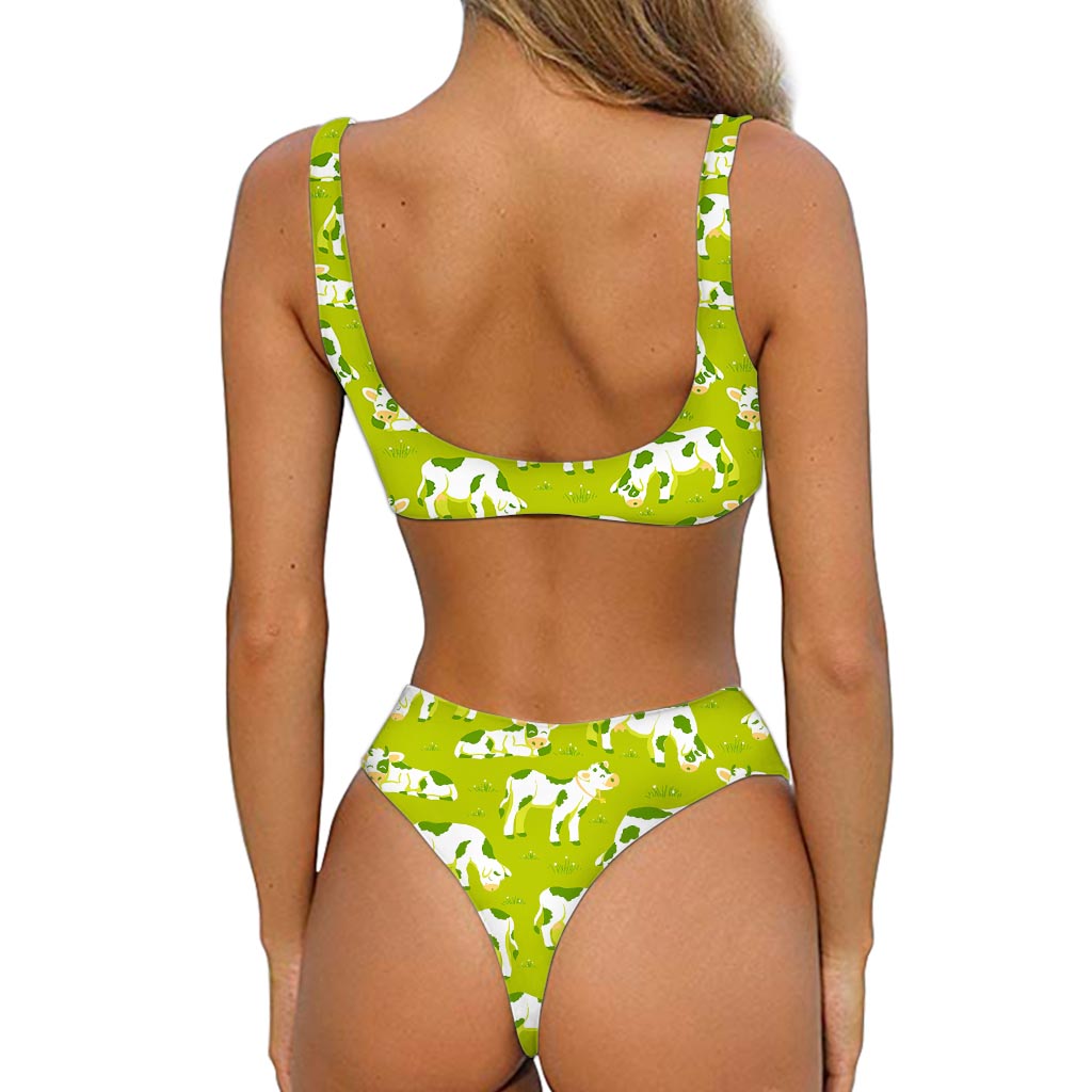 Cute Smiley Cow Pattern Print Front Bow Tie Bikini