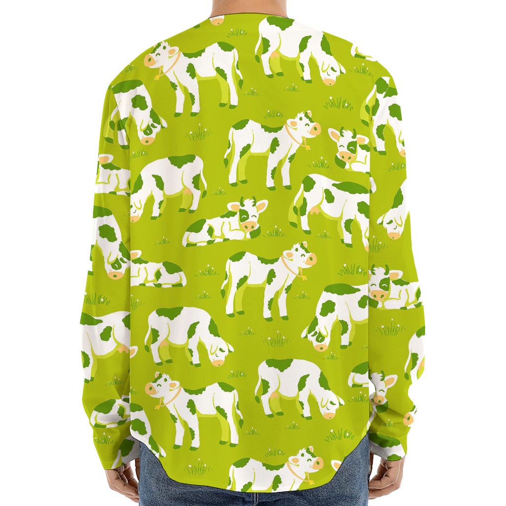 Cute Smiley Cow Pattern Print Long Sleeve Baseball Jersey