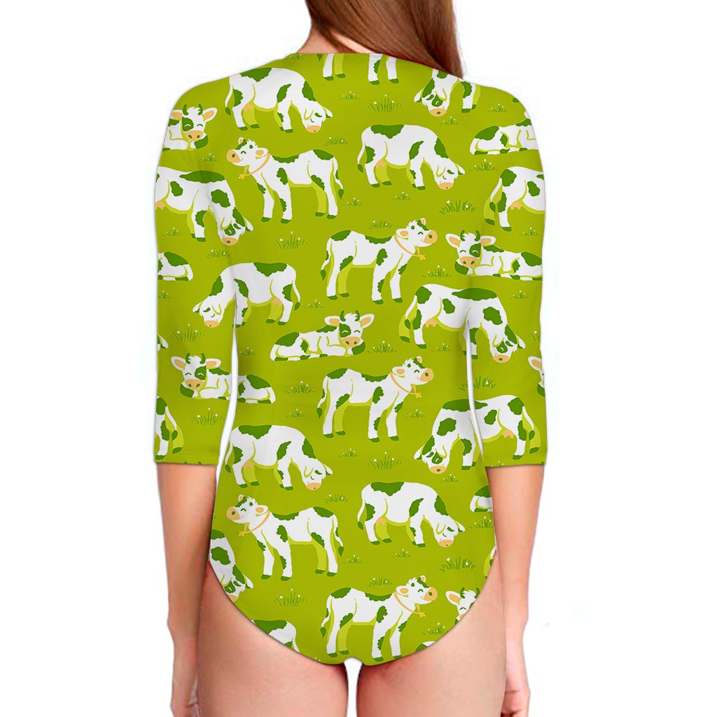 Cute Smiley Cow Pattern Print Long Sleeve Swimsuit