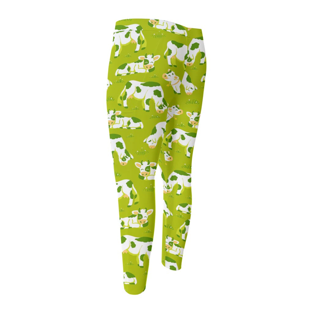 Cute Smiley Cow Pattern Print Men's Compression Pants