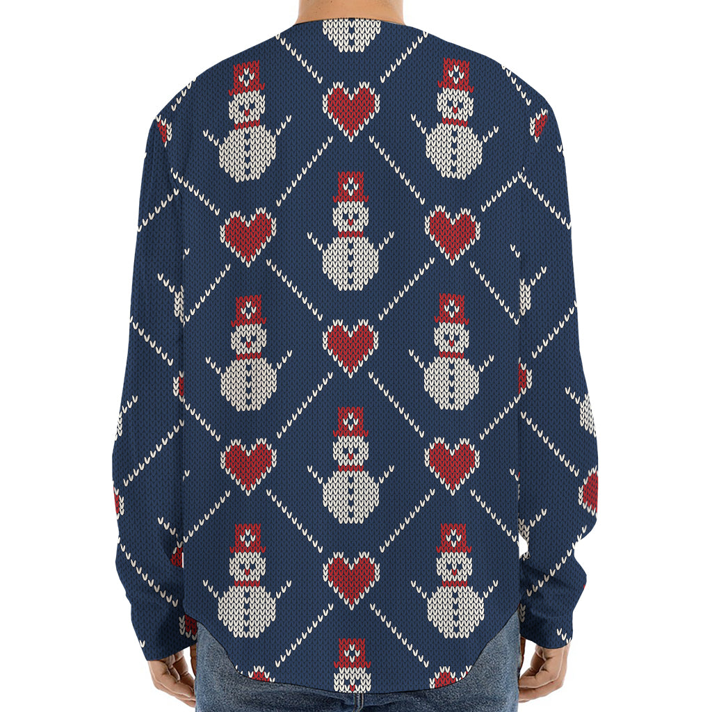 Cute Snowman Knitted Pattern Print Long Sleeve Baseball Jersey
