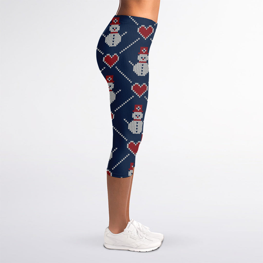 Cute Snowman Knitted Pattern Print Women's Capri Leggings