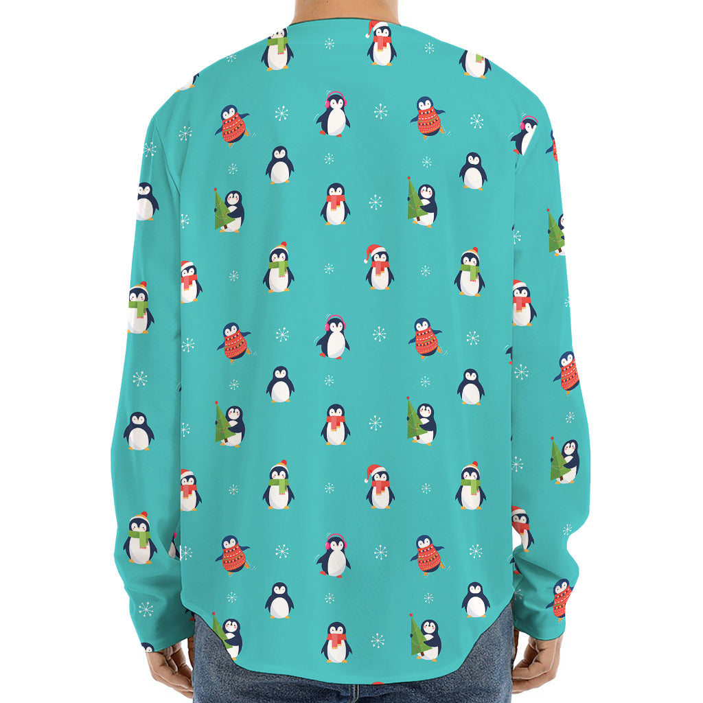 Cute Snowy Penguin Pattern Print Long Sleeve Baseball Jersey