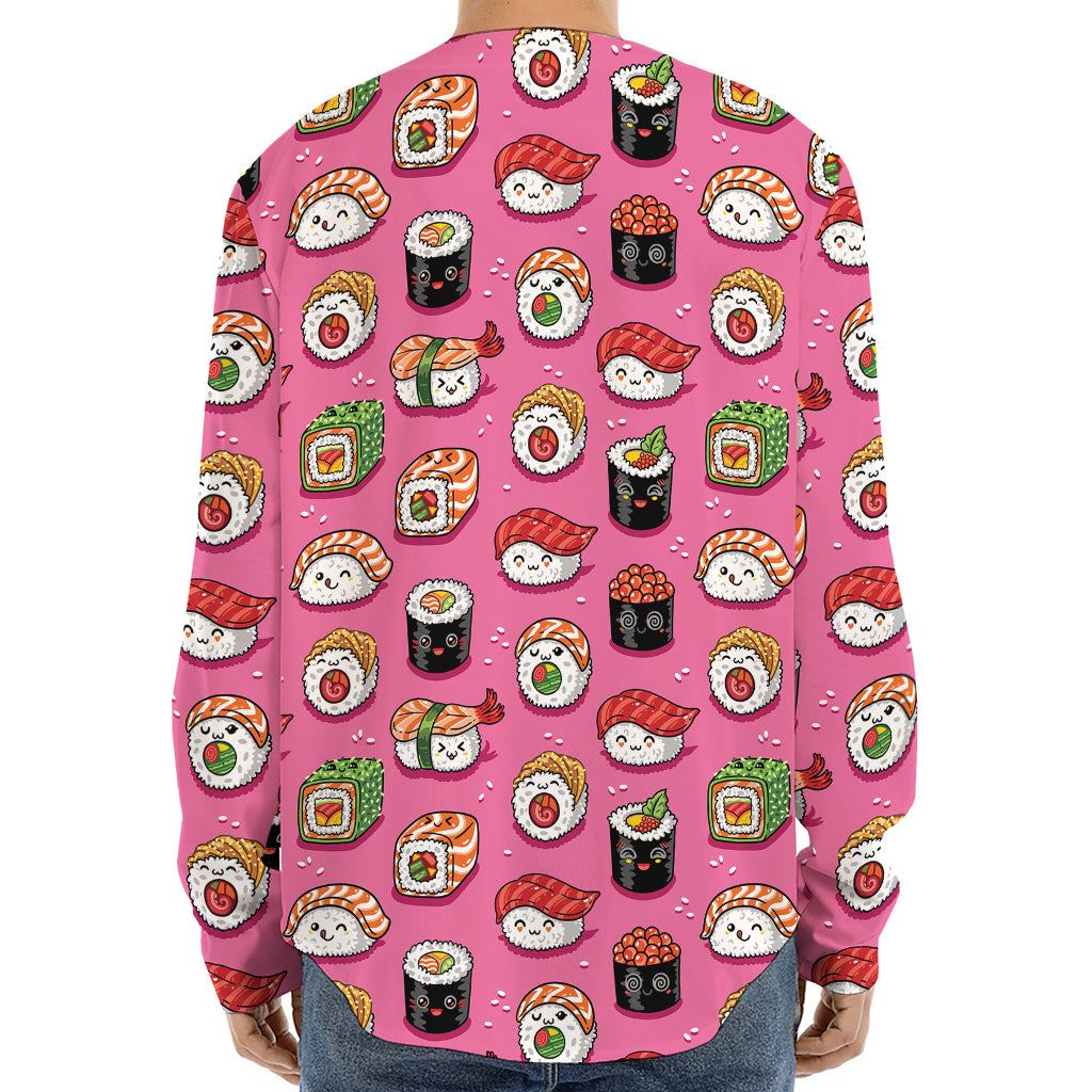 Cute Sushi And Rolls Pattern Print Long Sleeve Baseball Jersey