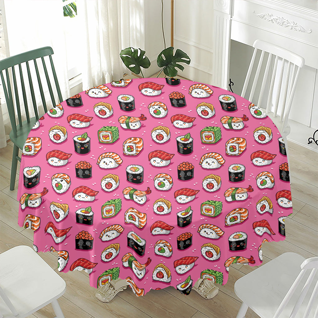 Cute Sushi And Rolls Pattern Print Waterproof Round Tablecloth