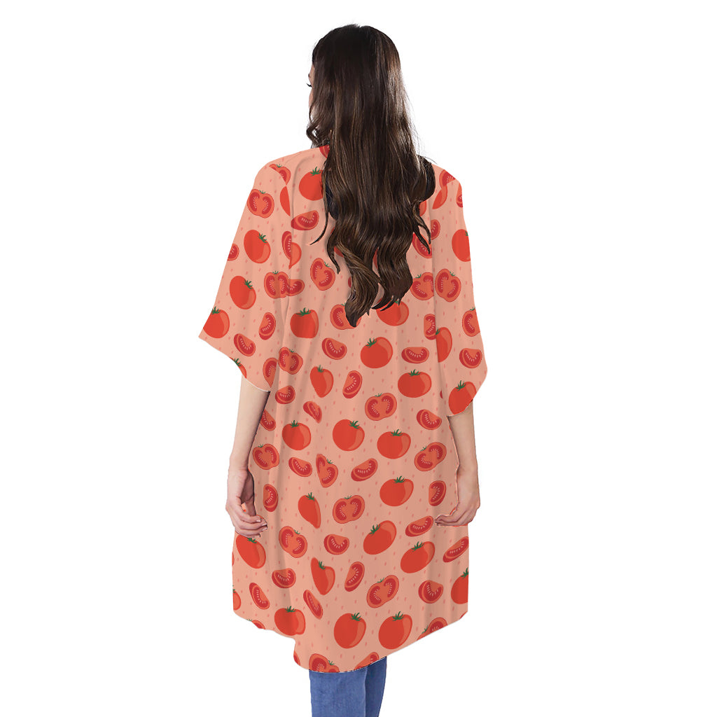 Cute Tomato Pattern Print Open Front Beach Cover Up
