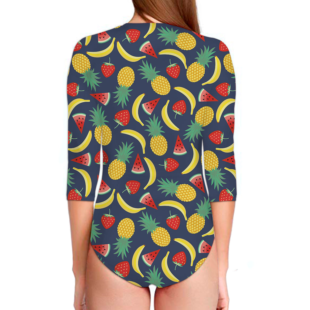 Cute Tropical Fruits Pattern Print Long Sleeve Swimsuit