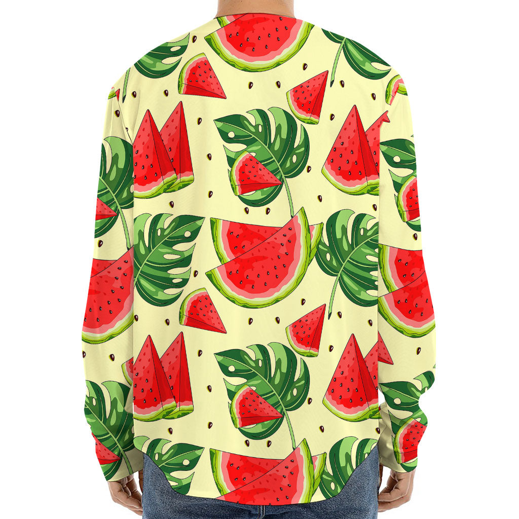 Cute Tropical Watermelon Pattern Print Long Sleeve Baseball Jersey