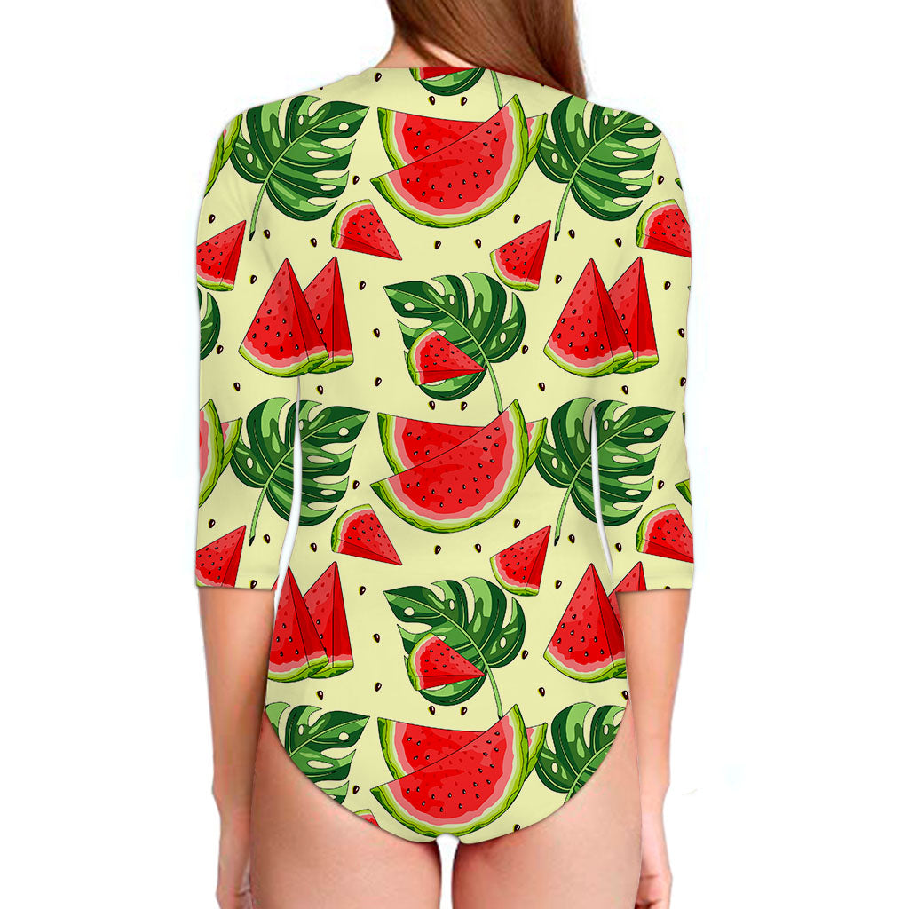 Cute Tropical Watermelon Pattern Print Long Sleeve Swimsuit