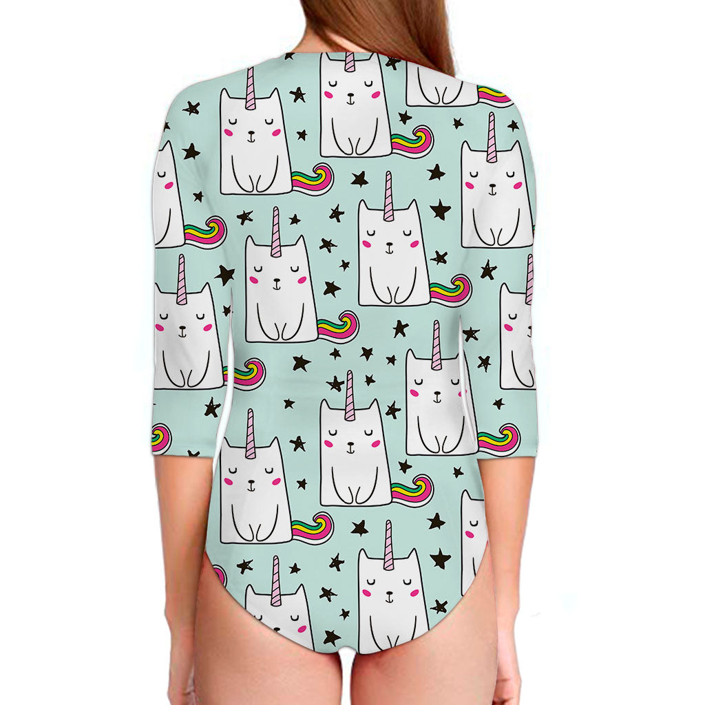 Cute Unicorn Cat Pattern Print Long Sleeve Swimsuit