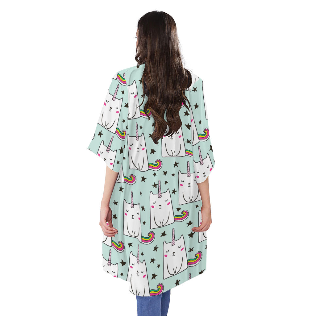 Cute Unicorn Cat Pattern Print Open Front Beach Cover Up