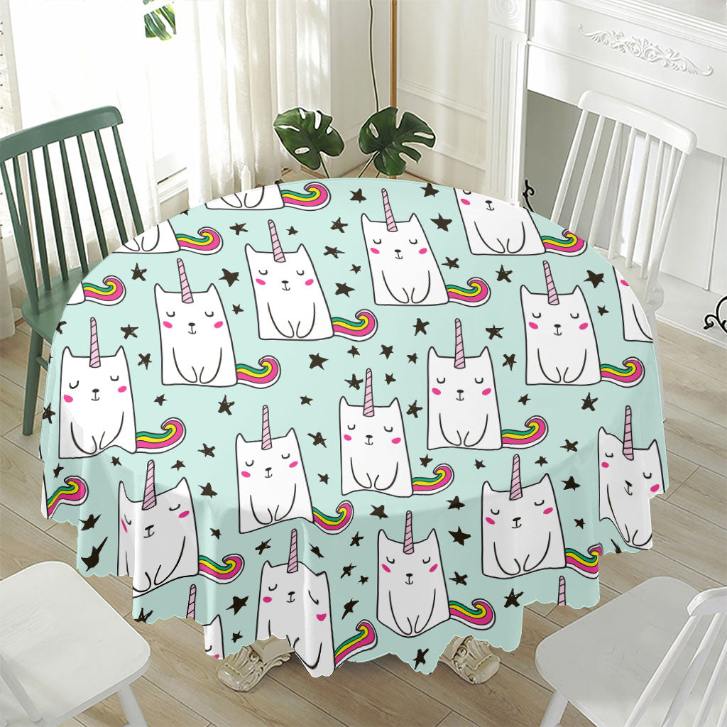 Cute Unicorn Cat Pattern Print Waterproof Round Tablecloth