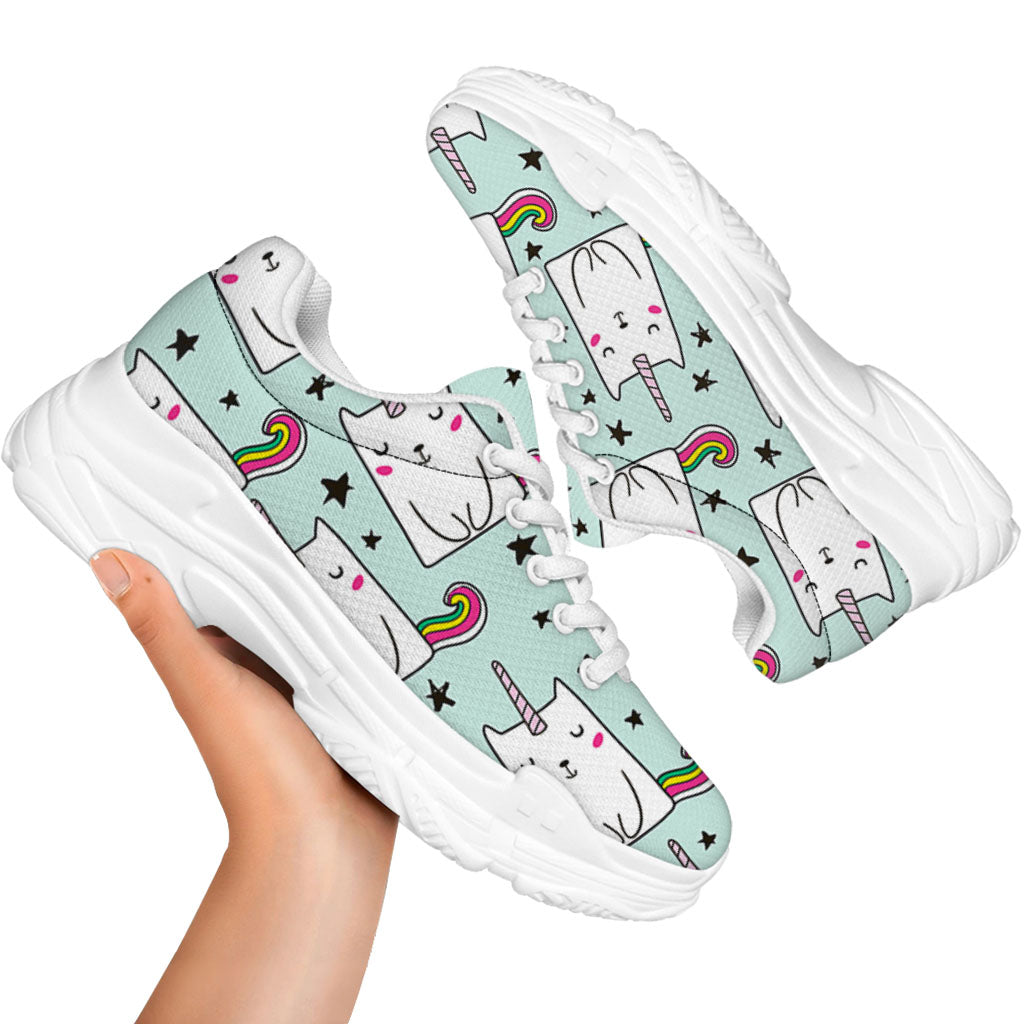 Cute Unicorn Cat Pattern Print White Chunky Shoes
