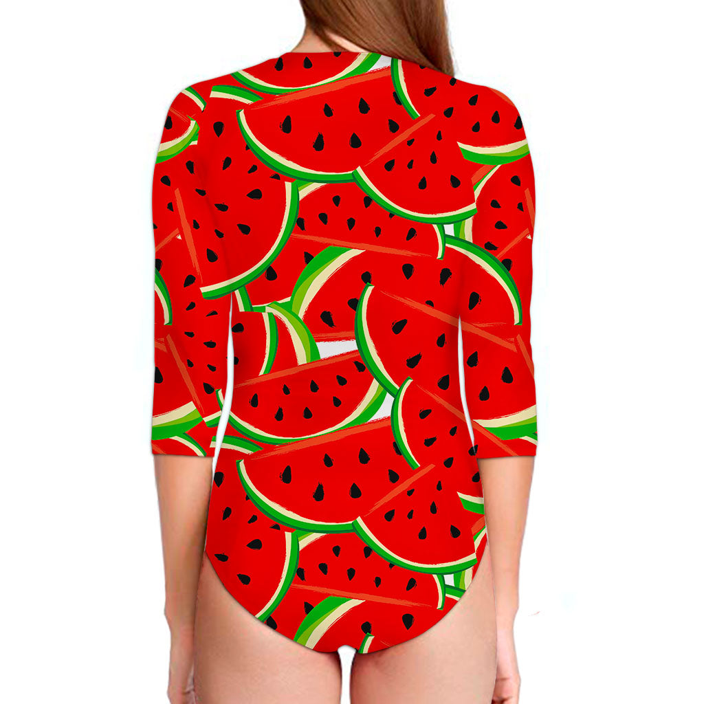 Cute Watermelon Pieces Pattern Print Long Sleeve Swimsuit