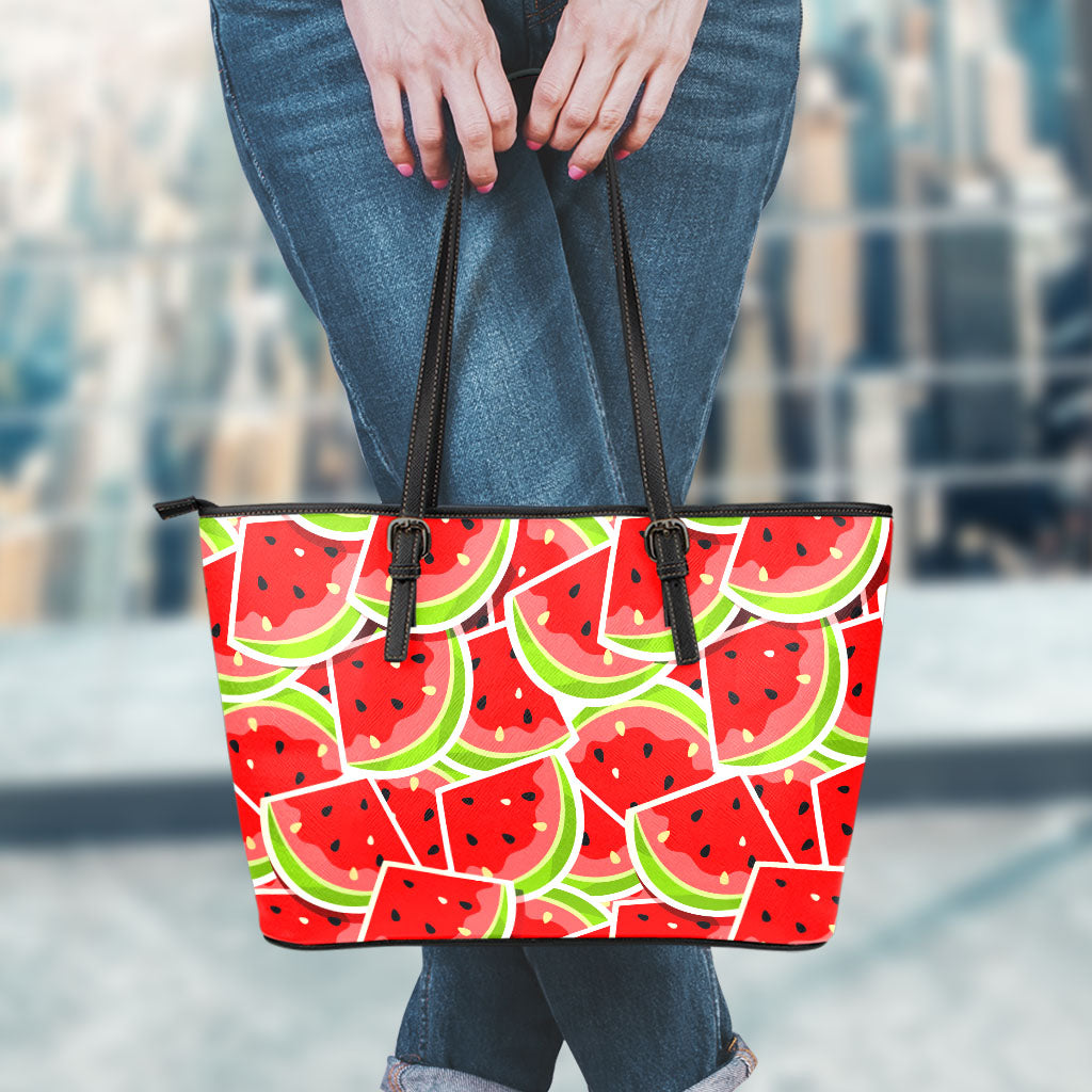 Cute Watermelon Slices Pattern Print Leather Tote Bag