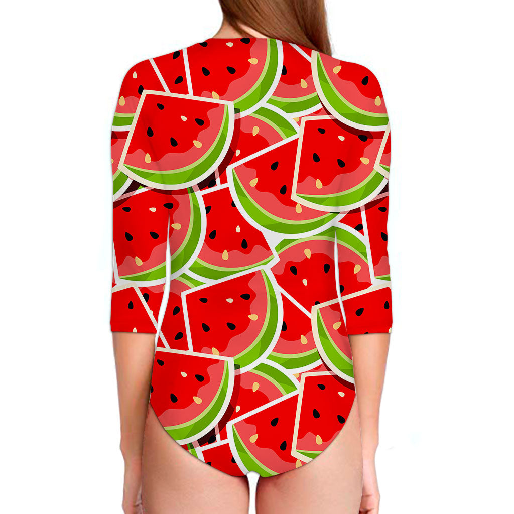 Cute Watermelon Slices Pattern Print Long Sleeve Swimsuit