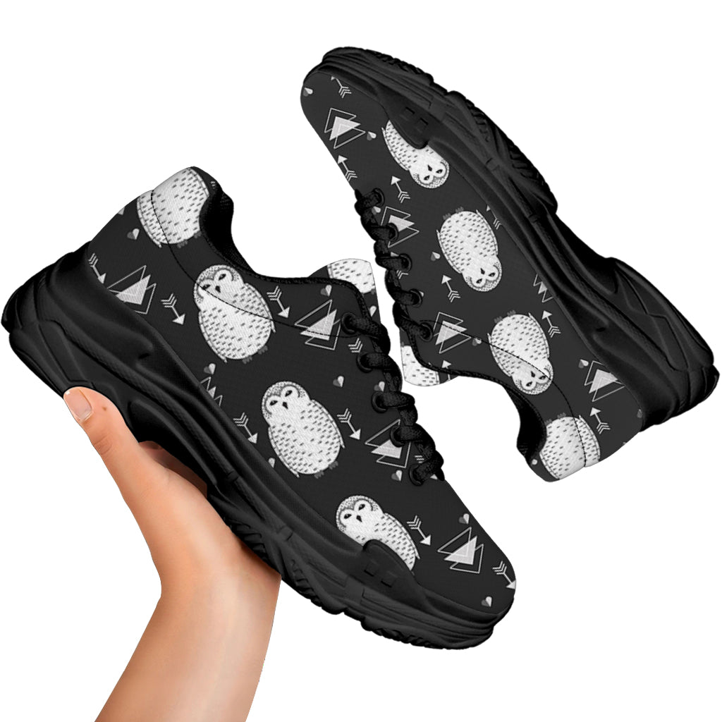Cute White And Grey Owl Pattern Print Black Chunky Shoes