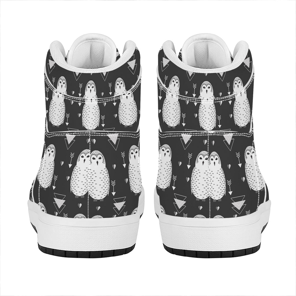 Cute White And Grey Owl Pattern Print High Top Leather Sneakers